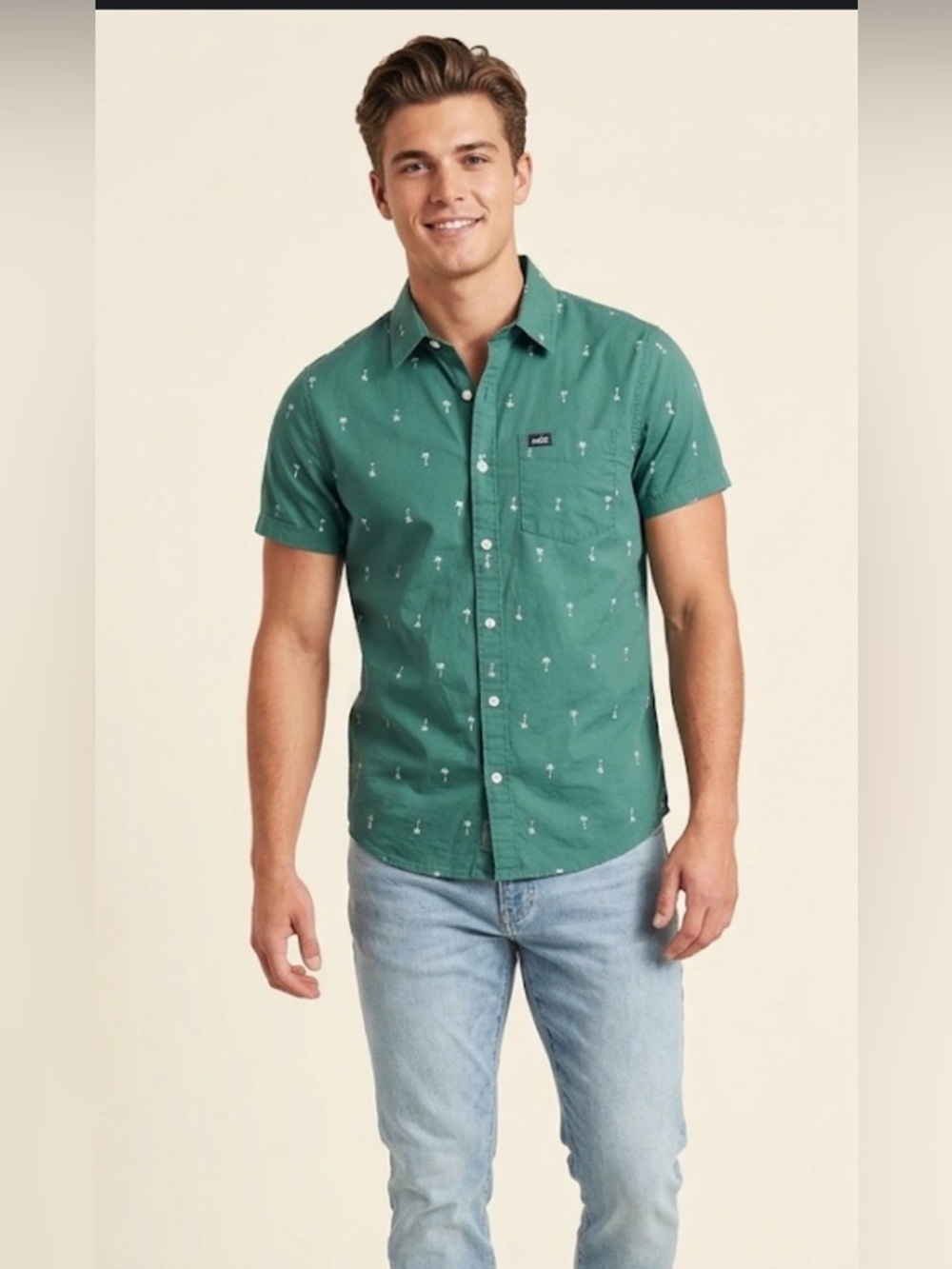 Hollister men’s  small short sleeve button-down green/white palm trees